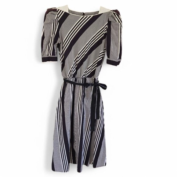 Vintage Dresses & Skirts - Vintage 1970s Brown & White Striped Midi Dress Puff Sleeves Elastic Waist Retro